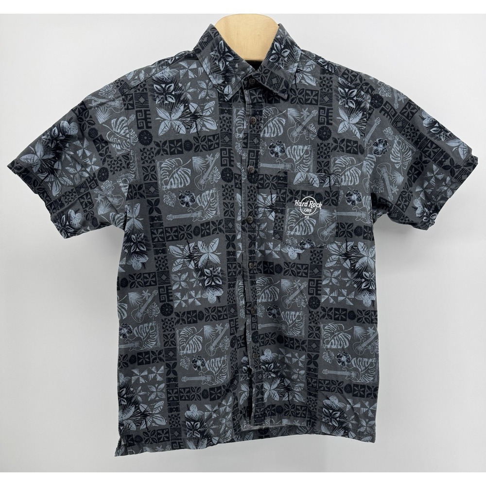 Hard Rock Cafe Fiji Hawaiian Shirt Men's Size L Floral Guitar Tropical Aloha